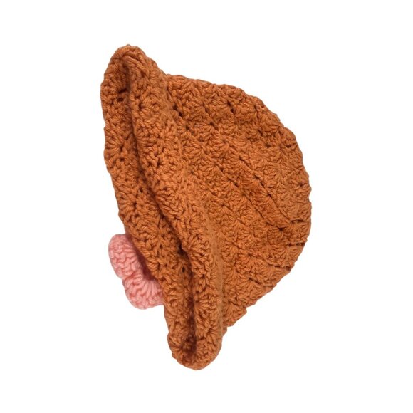 Handcrafted Crochet Baby Hat With Pink Flower Accent In Soft Brown - Picture 3 of 7